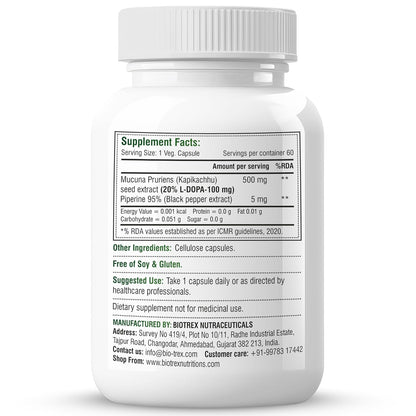 Biotrex Nutraceuticals Mucuna Pruriens (Kapikachhu) (20% L-Dopa) 500mg With Piperine 5mg | Vitality Booster, Motility & Nerve Function - 60 Veg Capsules