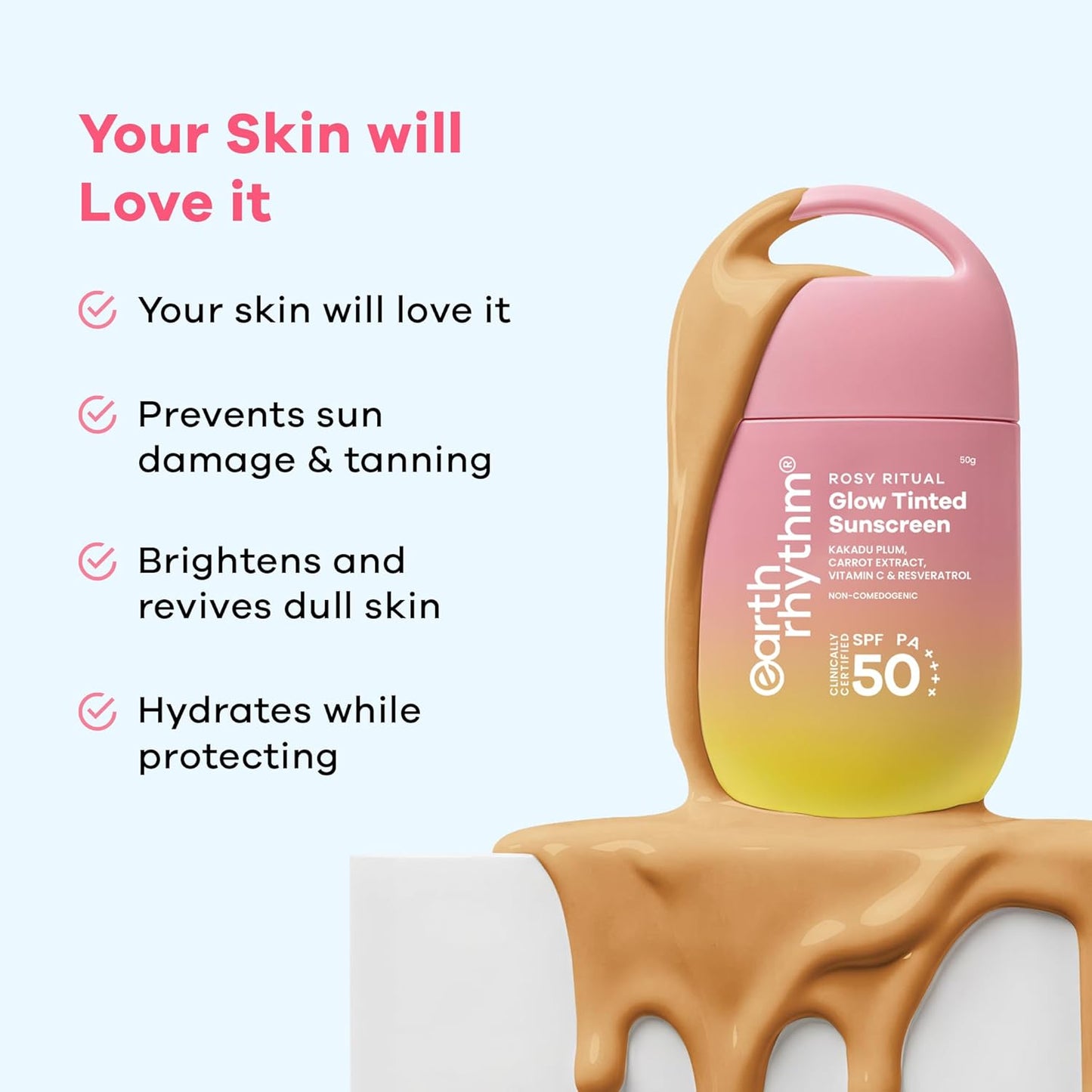 Earth Rhythm Rosy Ritual Glow Tinted Sunscreen SPF 50 PA ++++ with Vitamin C,No Oxybenzone (50gm) - Honey