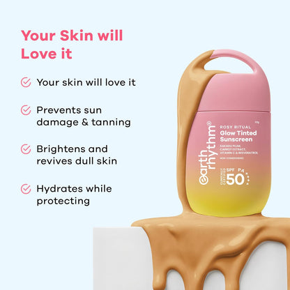 Earth Rhythm Rosy Ritual Glow Tinted Sunscreen SPF 50 PA ++++ with Vitamin C,No Oxybenzone (50gm) - Honey