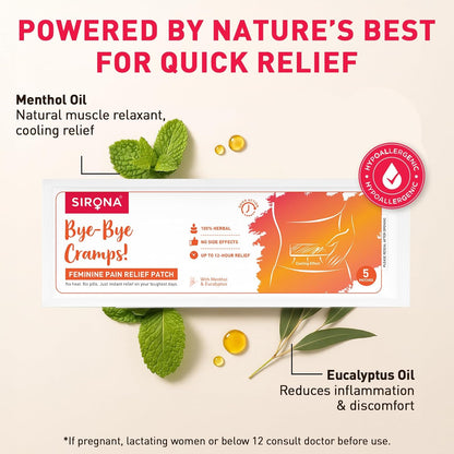 Sirona Bye-Bye Cramps feminine pain relief patch with menthol and eucalyptus oil text on a light background