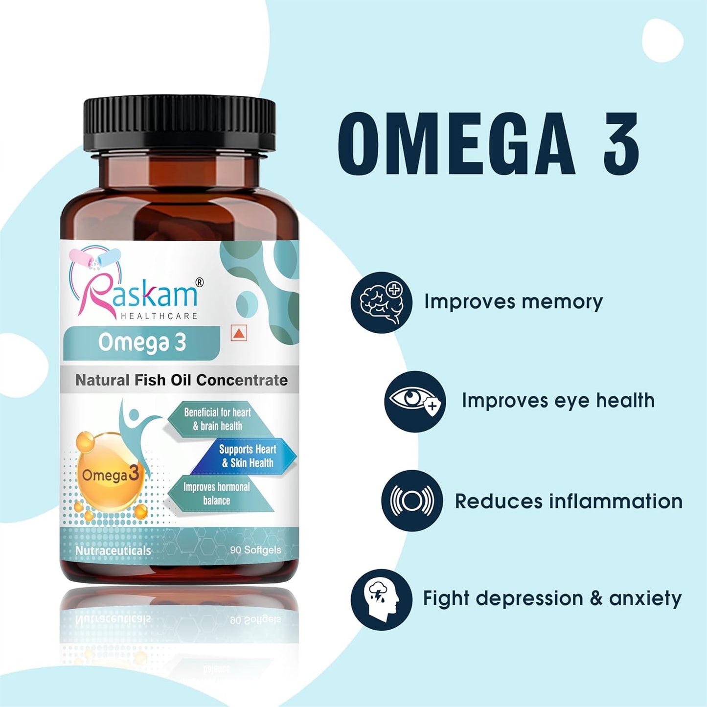 Omega 3 supplement bottle with Raskam Healthcare label on a light blue background