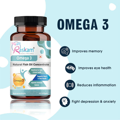 Omega 3 supplement bottle with Raskam Healthcare label on a light blue background