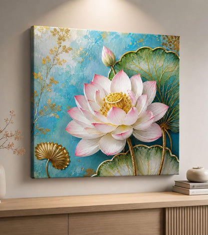 Lotus Flower Painting for Wall Vastu (15+ DESIGNS) Framed Lotus Canvas Painting for Living Room, Bedroom | Nature Floral Wall Art with Multiple Design Variations (3D View Pink Lotus, 18x18 Inch, Framed)