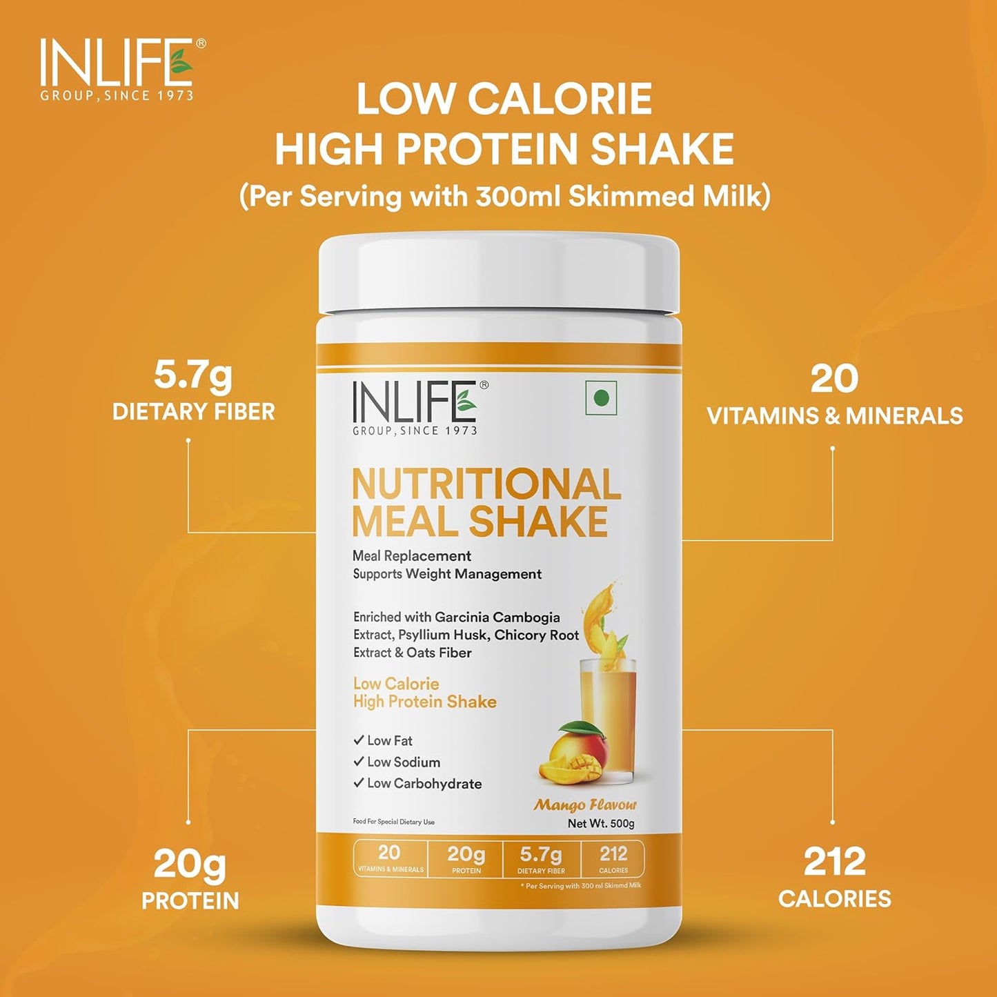 INLIFE Meal Replacement Shake | Nutritional Meal Protein Shake | Sugar Free, 20g Protein, 5g Fiber, 207 Calories, 500g (Mango)