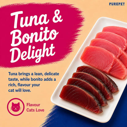 Purepet Creamy Lickable Cat Treats(15g x 24 Pieces) 360g | Tuna & Bonito Flavour | Rich in Protein | Taurine for Heart & Vision | Ideal for Training | Promotes Hydration| for Kitten & Adult Cats