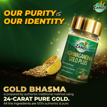 Zandu Ashwagandha Gold Plus Capsules | Upgrade your Ashwagandha with the goodness of Gold | Reduces Stress, Boosts Immunity & Stamina | 60 capsules I 11 Potent ingredients such as Gokshura, Safed Musali and more