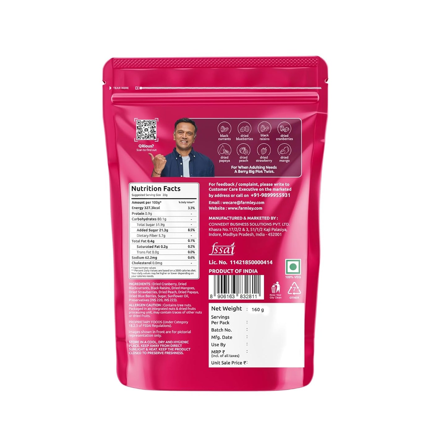 Farmley Berries Mix 160g | 8-In-1 Healthly Snacks Contains Cranberry,Black Raisins,Strawberry,Black Currant & More (Pack of 1)