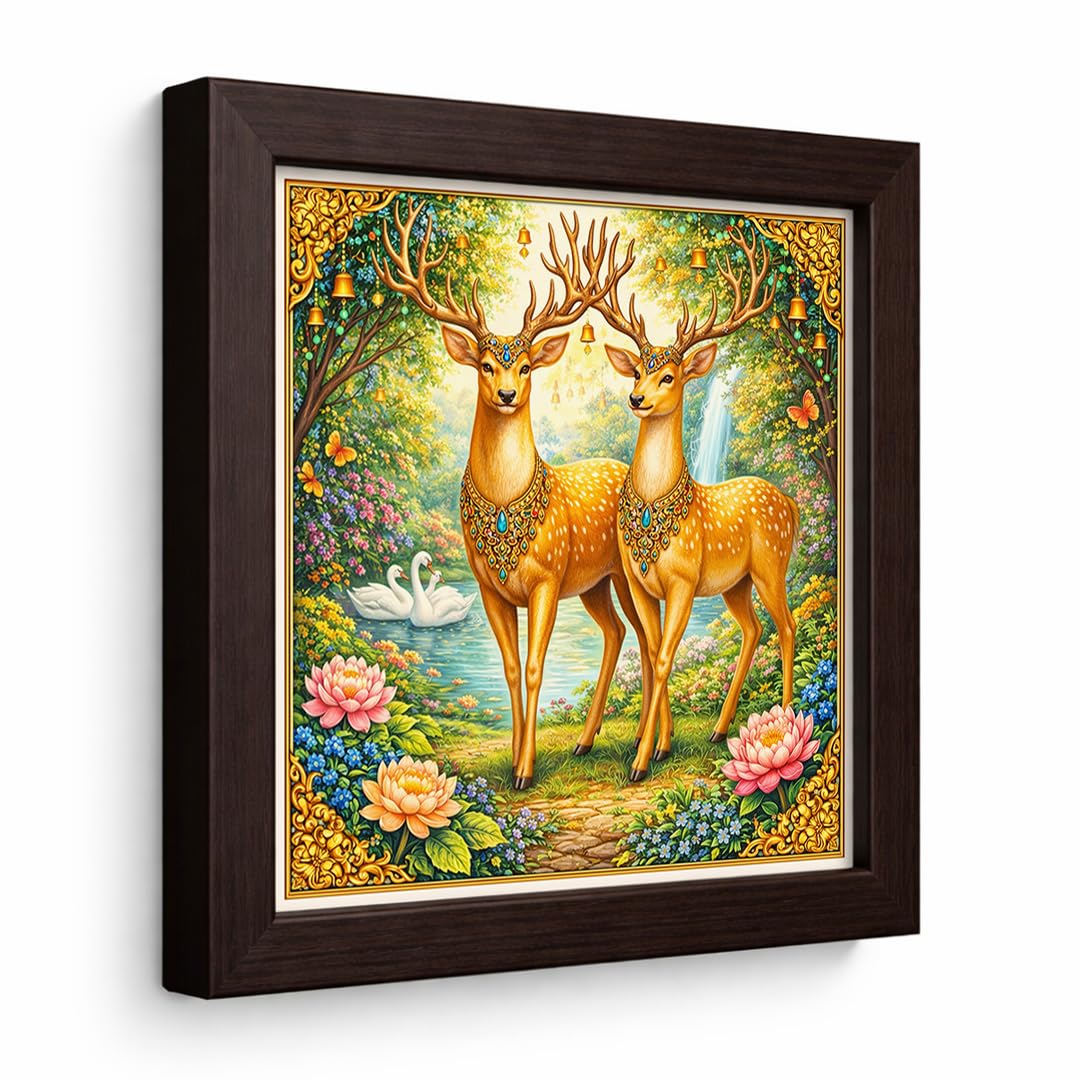 Golden Deer Pair Money Vastu Prosperity Luck Harmony Nature Sacred Framed Poster Artwork Decor Painting