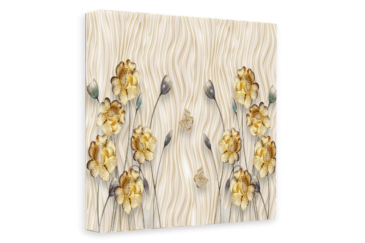 Printed Framed Canvas Painting for Home Decor Office Wall Studio Wall Living Room Decoration (22x22inch Wrapped) - Golden Flowers 3D Design