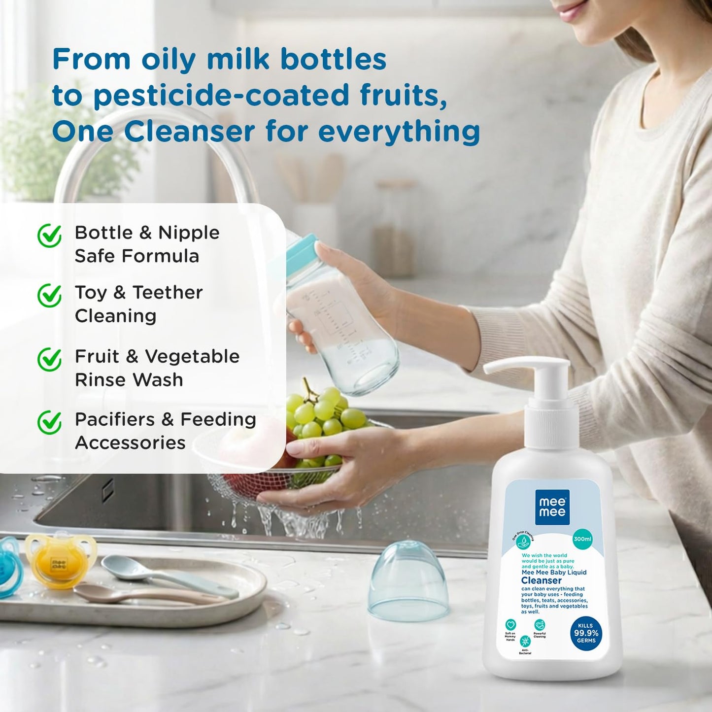 Mee Mee Liquid Cleanser 300 ml | Anti-Bacterial Formula Kills 99.9% Germs | For Bottles, Nipples, Accessories, Toys, Fruits & Vegetables | Alcohol-Free, Dermatologically Tested