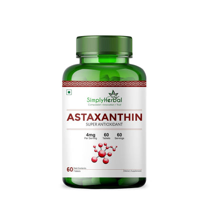 Simply Herbal Astaxanthin 4mg Super Antioxidant, Supplement tablet Promote Healthy Skin & Muscle Health Also Support Heart Function & Immunity (60 Veg Tablets)