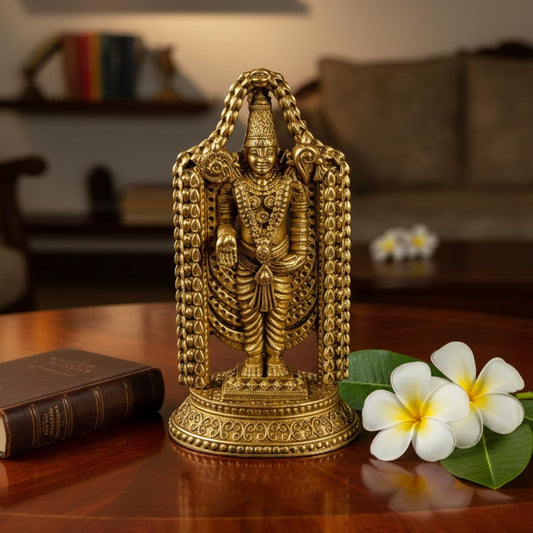Golden Brass Handcrafted Tirupati Balaji Idol Lord Venkateswara Murti for Mandir Temple Lord Balaji Statue for Home Decor