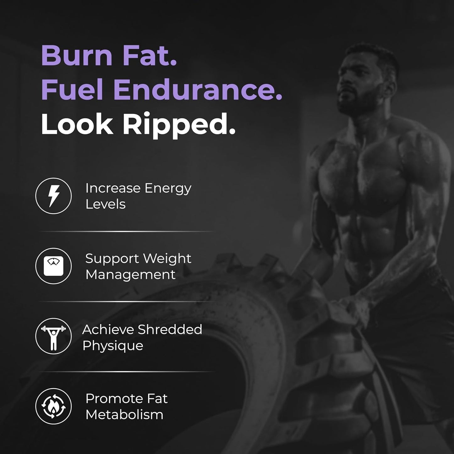 Muscular man lifting a tire with fitness-related text and icons on a dark background