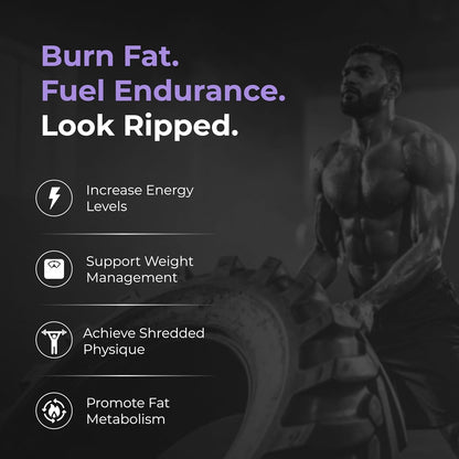Muscular man lifting a tire with fitness-related text and icons on a dark background