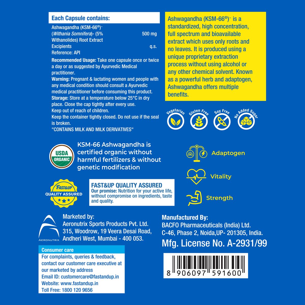 Fast&Up 500mg KSM-66® Ashwagandha – World's Best Ashwagandha (60 Capsules) for Extra Strength & Power | Stress Relief | Natural Vitality Booster | Pure & Potent