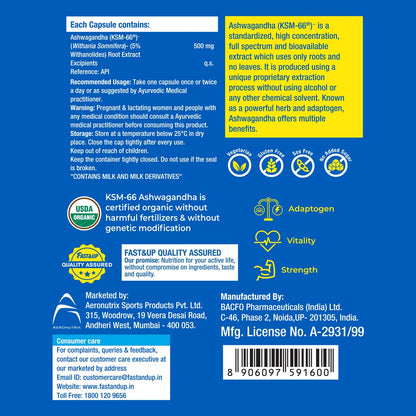 Fast&Up 500mg KSM-66® Ashwagandha – World's Best Ashwagandha (60 Capsules) for Extra Strength & Power | Stress Relief | Natural Vitality Booster | Pure & Potent