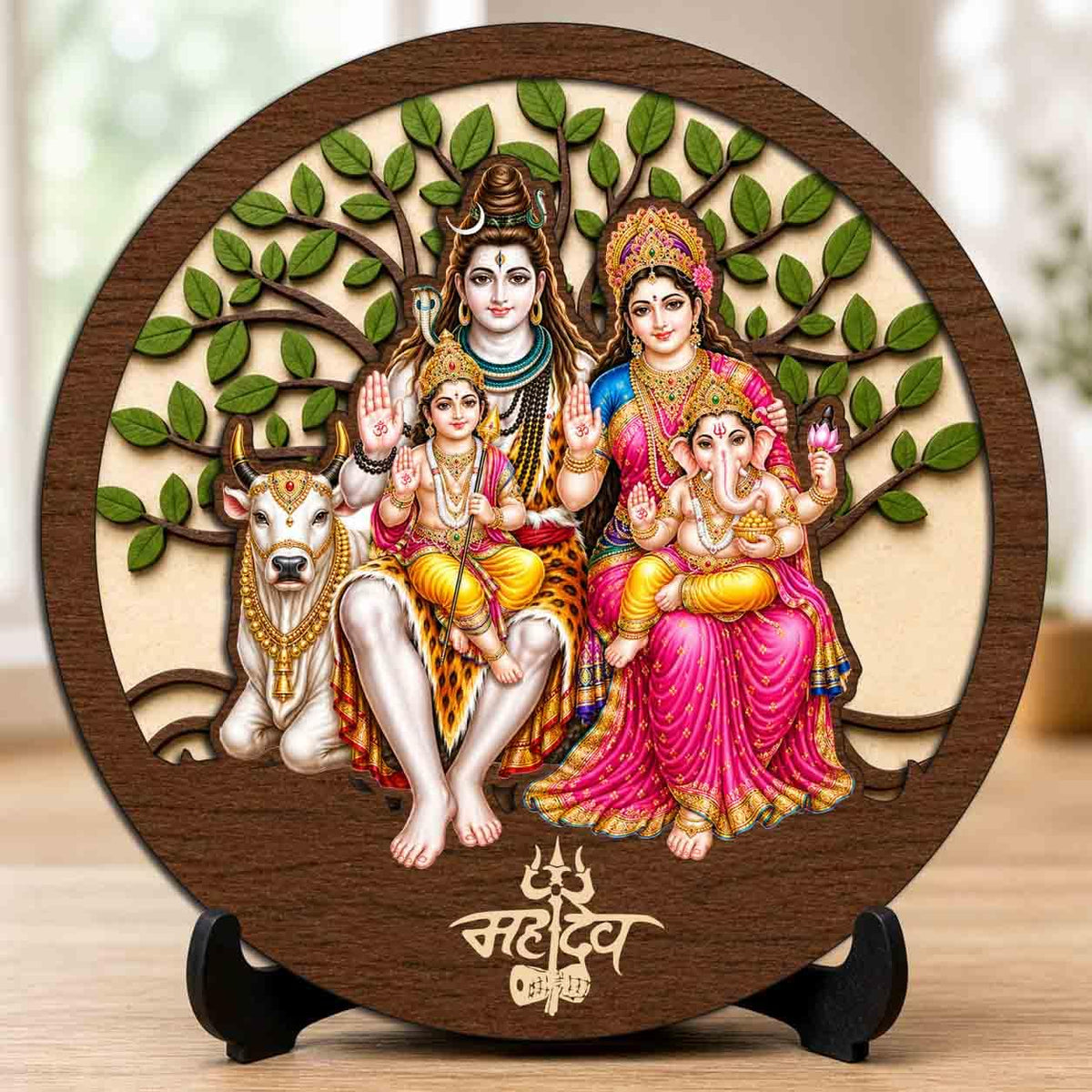 Plan To Gift Shiv Parivar Wooden Murti for Home Mandir, Prayer Room, Table Top Decor & Spiritual Gifting - 5x5 Inch
