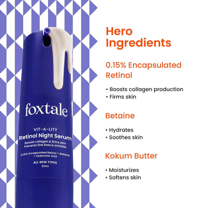 Foxtale 0.15% Beginner Friendly Retinol Night Serum | Anti-Aging Night Cream | Reduces Fine Lines and Wrinkles | No Purging | For Younger-looking Skin | Men & Women | All Skin Types - 30 ml