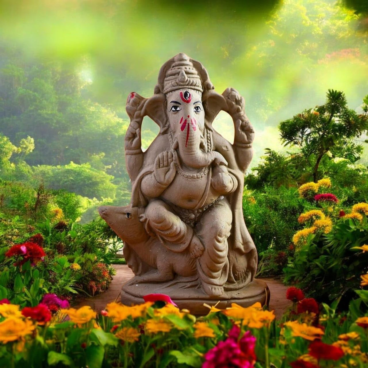 SAUDEEP INDIA 6 Inch Mitti Ganesh Idol | Eco-Friendly Handcrafted Mud/Clay Ganesh Murti | Ganpati Figurine for Visarjan | Biodegradable Mushak Ganesha Statue | Ganesh Chaturthi
