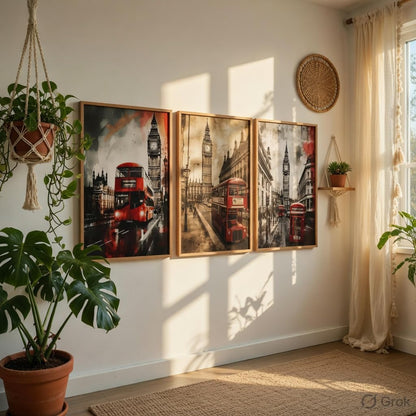 London City Wall Painting Set of 3 with Wooden Frames | Big Ben & Red Bus London Street Artwork HD Sparkle Laminated MDF Wall Decor | Modern Travel Wall Art for Living Room