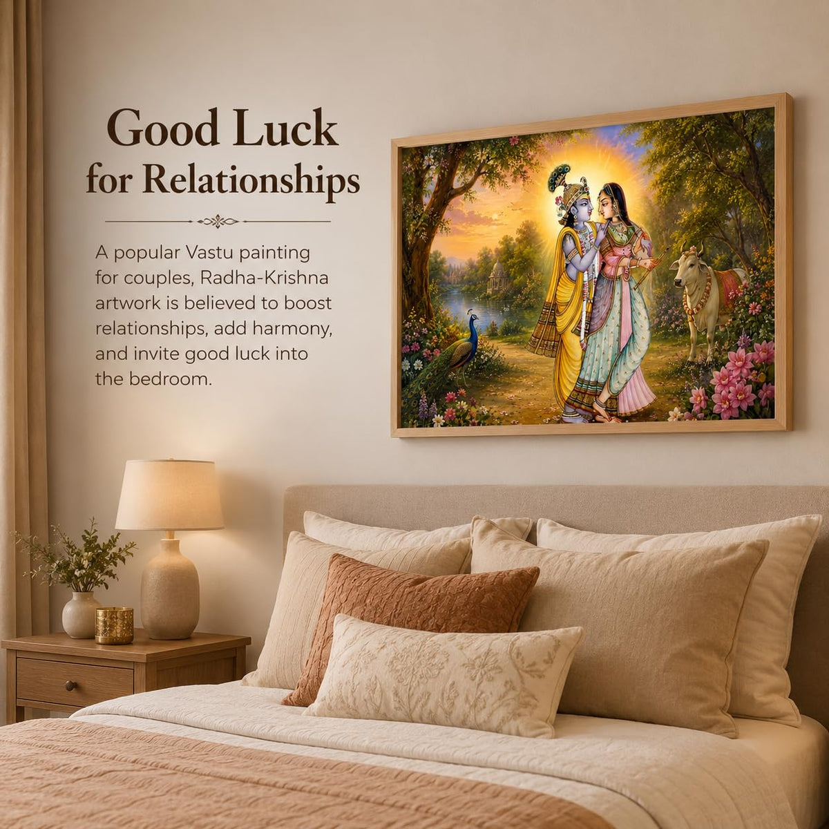 Radha Krishna Garden Vastu Wall Painting for Living Room Bedroom Hall Office Decor, Devotional Peacock Cow Artwork, Premium Wooden Synthetic Frame (13.5 x 19.5 Inch) NM01-V-166