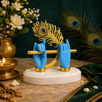 Goldplated Krishna Hand with Flute Idol Peacock Feather Mor Pankh Showpiece,Housewarming Gift, Birthday Anniversary Wedding Janmashtami Gift,Home Decor Decoration Items for Living Room