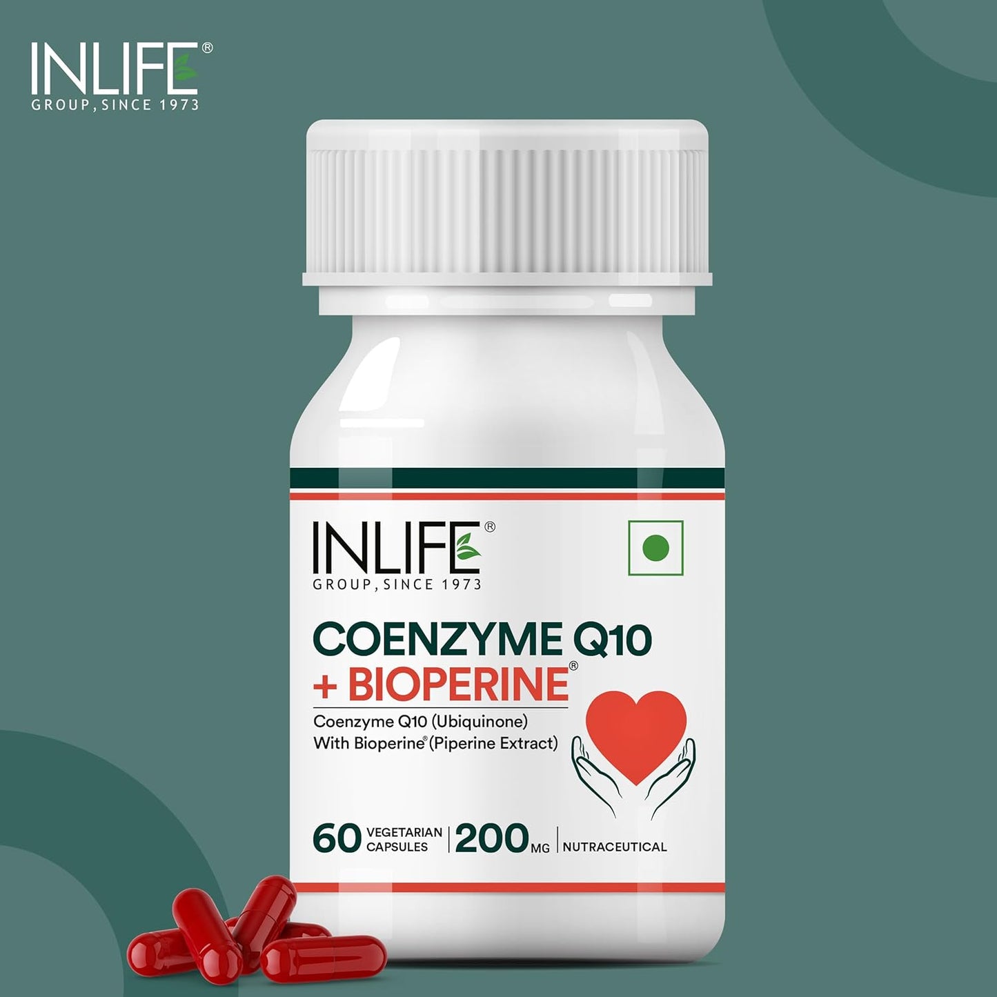 INLIFE Coenzyme Q10 (COQ10) -200mg with Bioperine 8mg Supplement|supports High Absorption|(Pack of 1) - 60 Vegetarian Capsules.