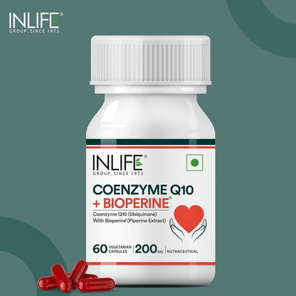 INLIFE Coenzyme Q10 (COQ10) -200mg with Bioperine 8mg Supplement|supports High Absorption|(Pack of 1) - 60 Vegetarian Capsules.