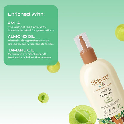 Tikitoro Kids Nourishing Hair Oil, 100% Vegan with Bringha, Amla, Olive, & Argan, Promotes & Conditions Hair Growth & Scalp, Non-sticky, Non-smelly & Non-greasy, No Paraben & Sulphate (150 ml)
