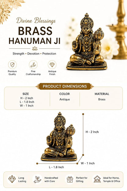 2 Inch Hanuman Brass Murti for Home Temple, Bajrangbali Idol for Pooja Room, Office Desk & Car Dashboard, Brass God Statue for Strength, Courage, Positive Energy & Spiritual Décor