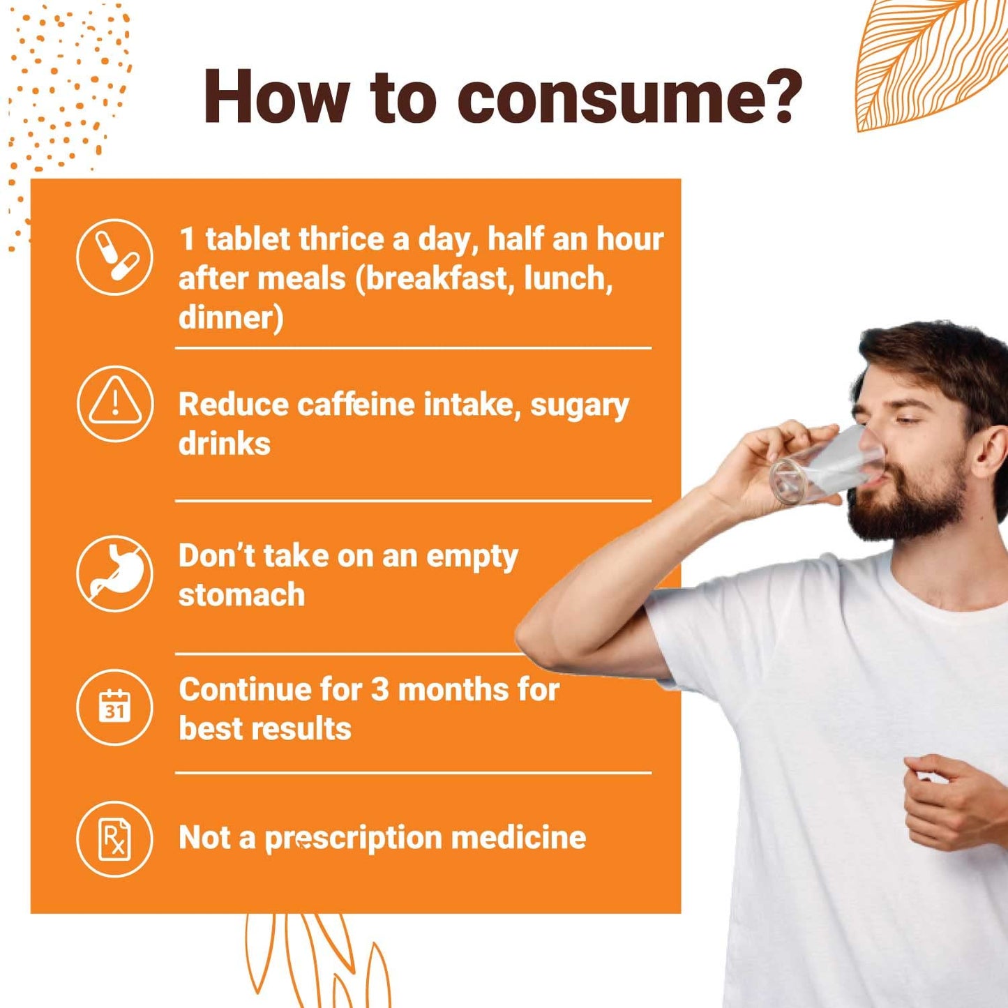 Person drinking water with consumption instructions on an orange background