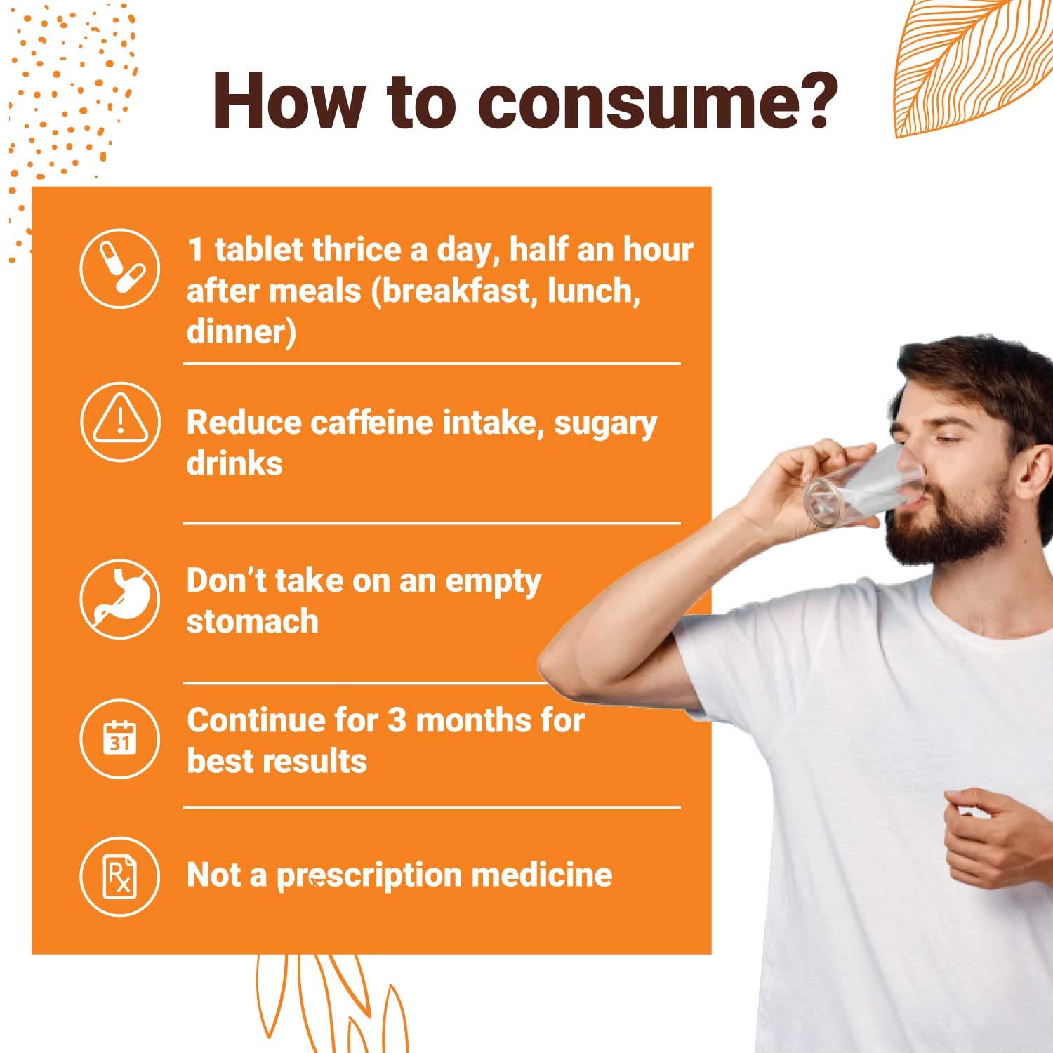 Person drinking water with consumption instructions on an orange background