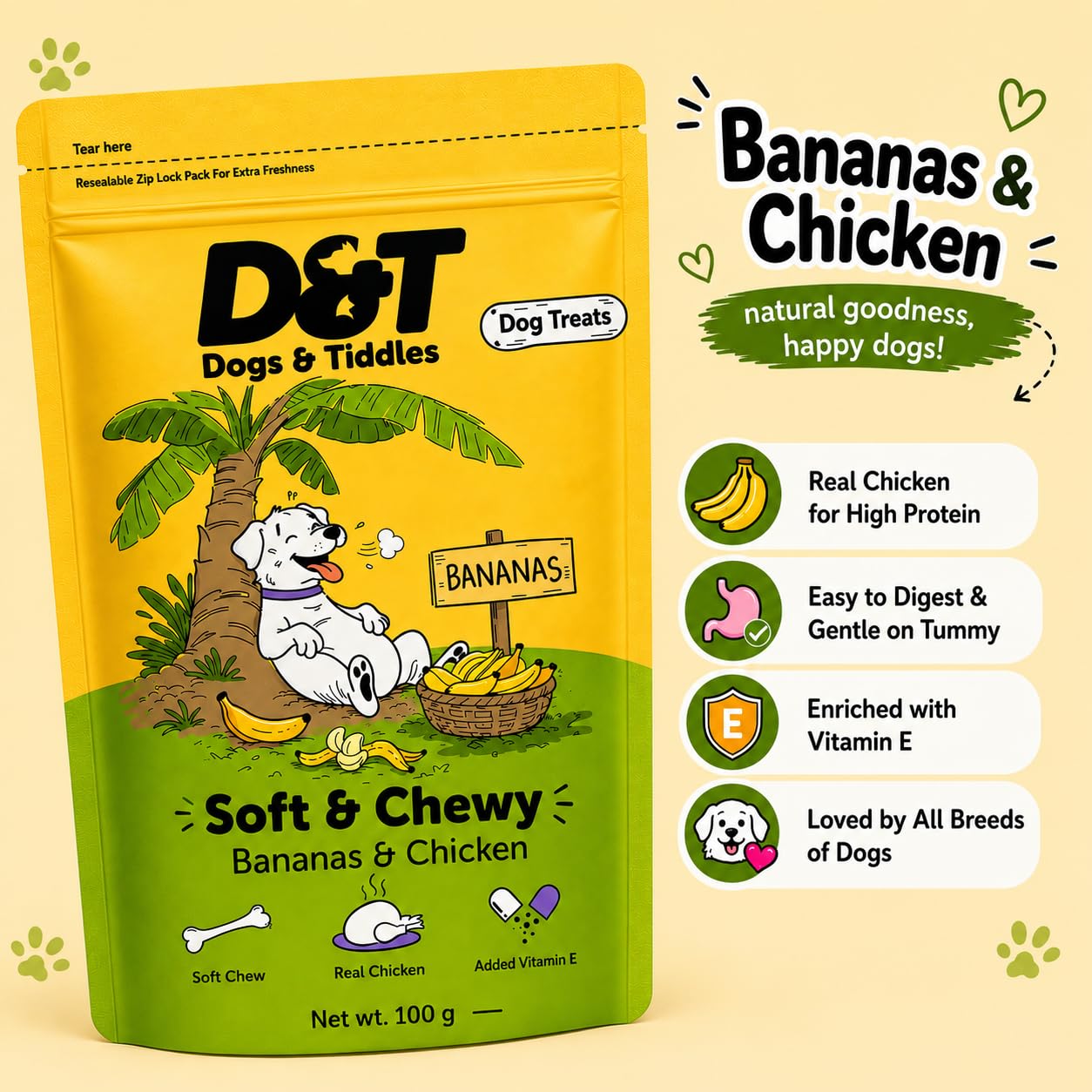 Dogs & Tiddles Banana & Real Chicken Dog Treats for Puppies & Adult Dogs, 100g | Soft & Chewy Puppy Treats | Supports Strong Bones & Teeth| Tasty Training Treats and Dog Snacks