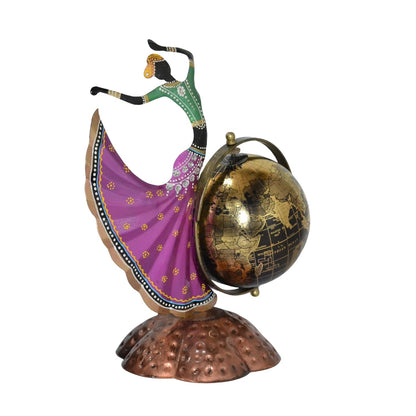 Home and Office Decorative Globe Metal Table Top Showpiece Globe, Home Rajasthani Dancing Lady Decoration items, Decor and Gift for Living Room, Bedroom, Showcase, Desk Gifts for Woman Man