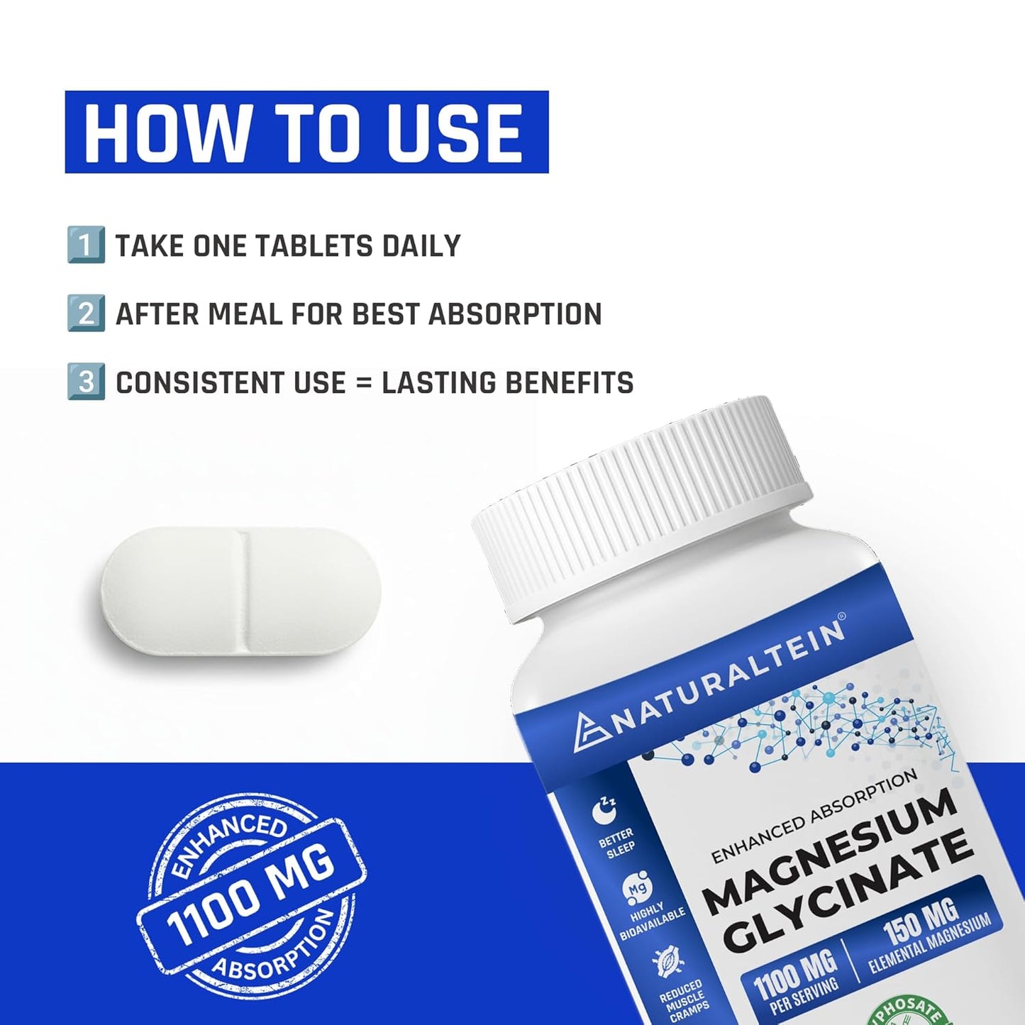Naturaltein magnesium glycinate supplement bottle with usage instructions on a white background