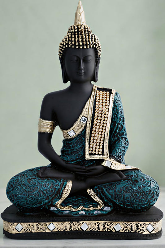 New Limited Edition 25 Centimetre Meditating Sitting Buddha Idol Statue showpiece Home Decor Decoration Items for Living Room and Gifts (Green Black)