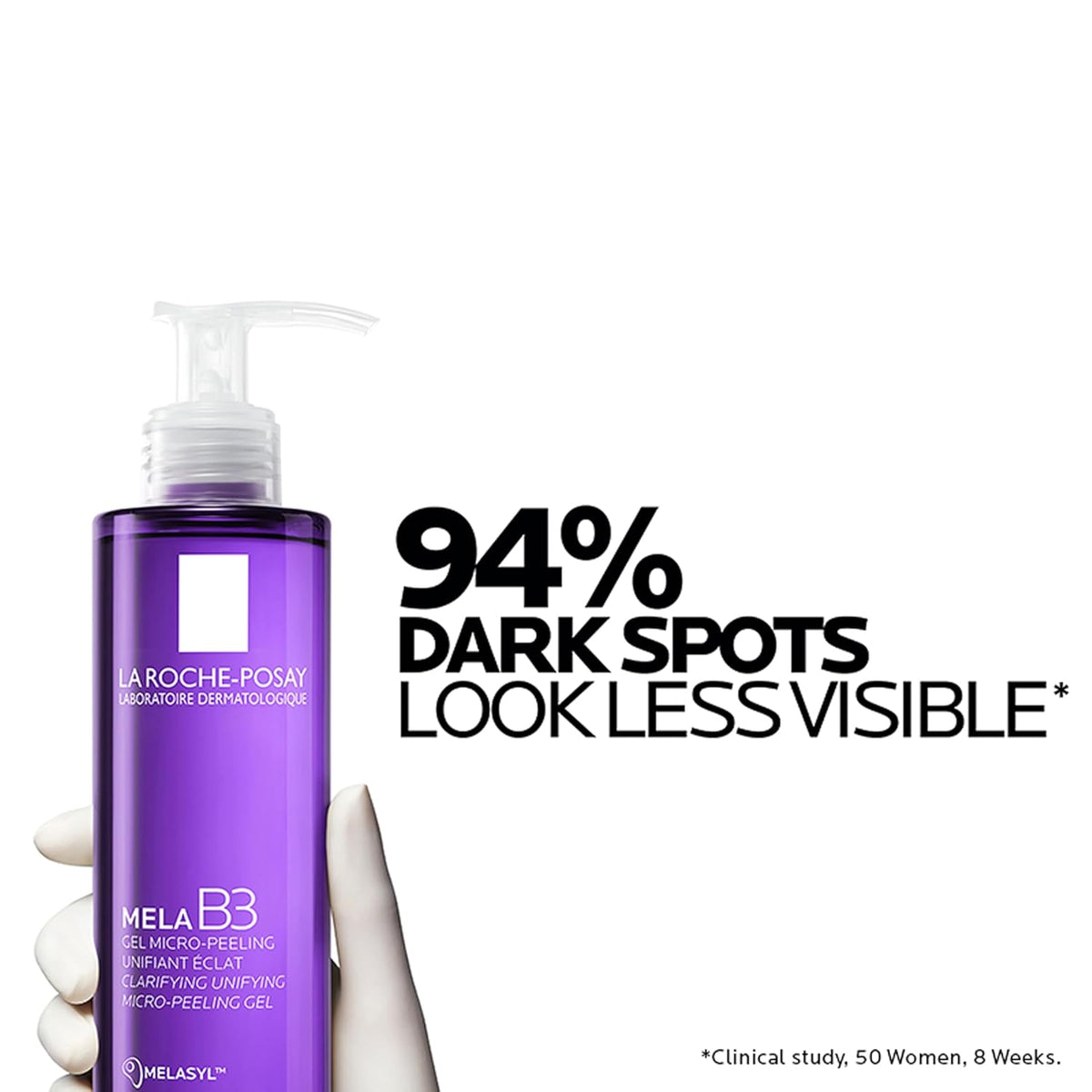 Purple bottle of La Roche-Posay MelaB3 with text on a white background