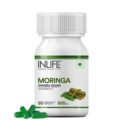 INLIFE Moringa Capsules 500mg | Leaf Extract (10:1) Powder Supplement | Water Distillation Extraction | Quick Absorption than Tablet - 60 Vegetarian Capsules (Pack of 1, 60)