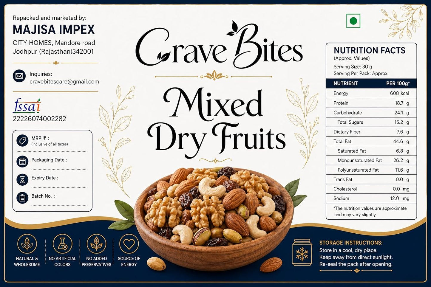 Crave Bites Mix Dry Fruits | Fit for Fasting | Healthy Snacks Mixed Nuts Contain Almonds, Cashews, Dates, Raisin | Superfood Nut Mix for Daily Energy & Snacking