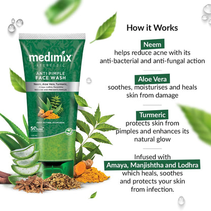 Medimix anti-pimple face wash packaging with ingredients and benefits on a white background