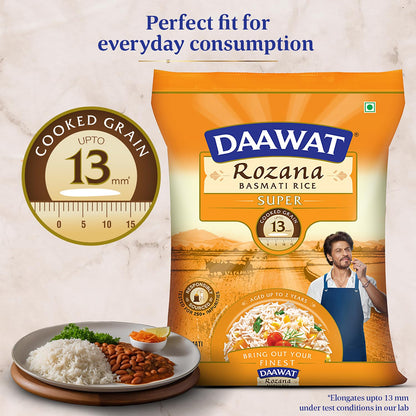 Daawat Rozana Super Basmati Rice 1Kg| For Everyday Consumption| Cooked Grain Upto 13mm*| Naturally Aged