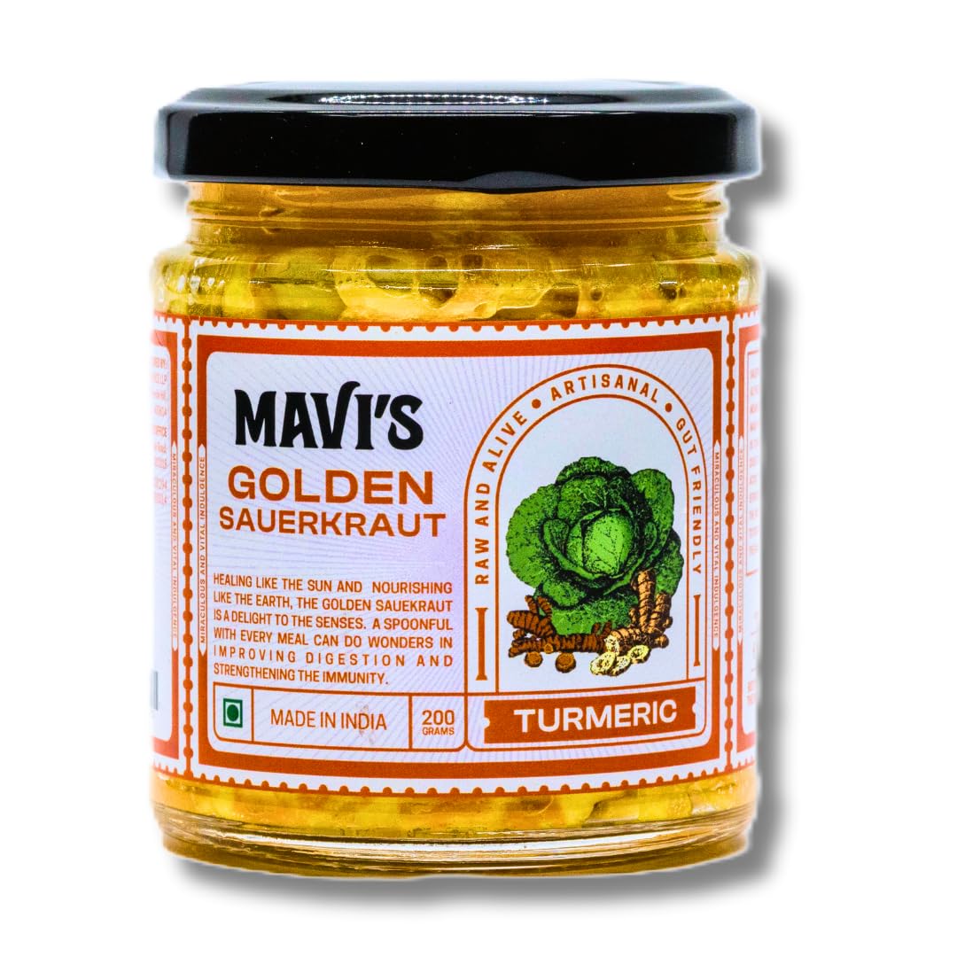 MAVI's Golden Sauerkraut| Spicy, Organic & Natural Cabbage & Fresh Turmeric | Gut friendly | Vegan | No Preservatives | No Artificial Flavour or Colour | 200g (Pack of 1)