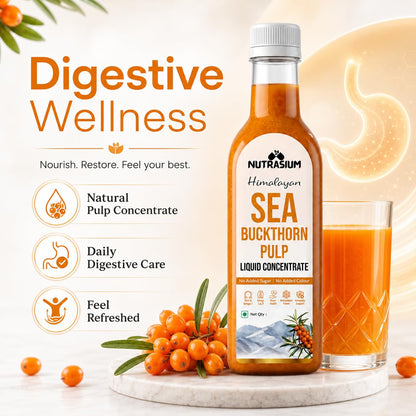 Nutrasium Himalayan Sea Buckthorn Berry Juice - 500 ml - Natural Source of Vitamin C, Omega 3 6 7 9, Antioxidants for Immunity, Skin Glow & Gut Health - 50 Glasses