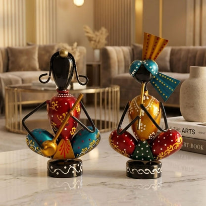 Hand-Painted, Handcrafted Metal Musician Figurines Set of 2, Multicolour, 14.5 cm and 16 cm Height, | Traditional Indian Folk Art Showpiece | Decorative Tabletop & Home Décor Idol