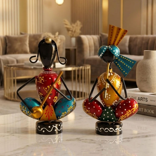Hand-Painted, Handcrafted Metal Musician Figurines Set of 2, Multicolour, 14.5 cm and 16 cm Height, | Traditional Indian Folk Art Showpiece | Decorative Tabletop & Home Décor Idol