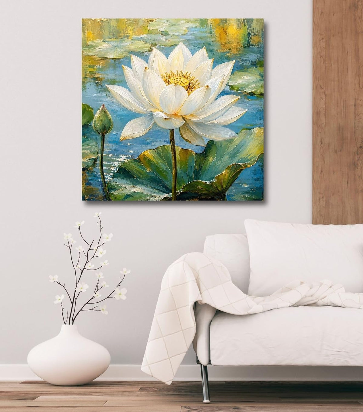 Lotus Flower Painting for Wall Vastu (15+ DESIGNS) Framed Lotus Canvas Painting for Living Room, Bedroom | Nature Floral Wall Art with Multiple Design Variations (White Big Lotus, 18x18 Inch, Framed)