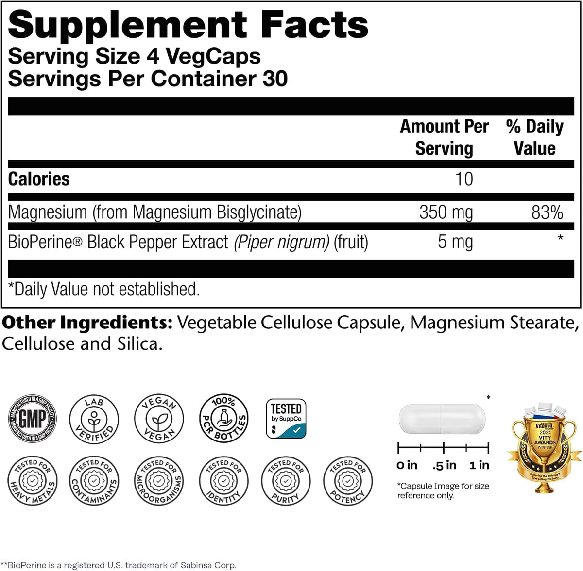 Supplement label with details on serving size, calories, and ingredients.