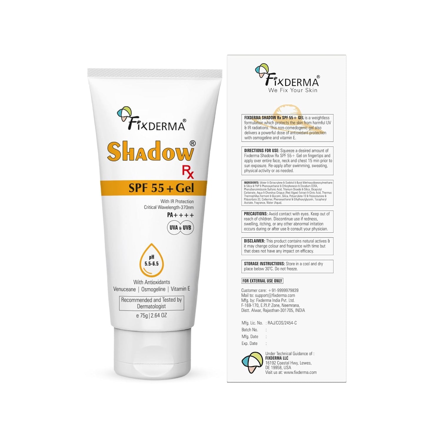 Fixderma Shadow RX Sunscreen SPF 55+ Gel PA++++ for Oily Skin | Sunscreen for Body & Face with UVA, UVB, IR Protection and Vitamin E - 75gm