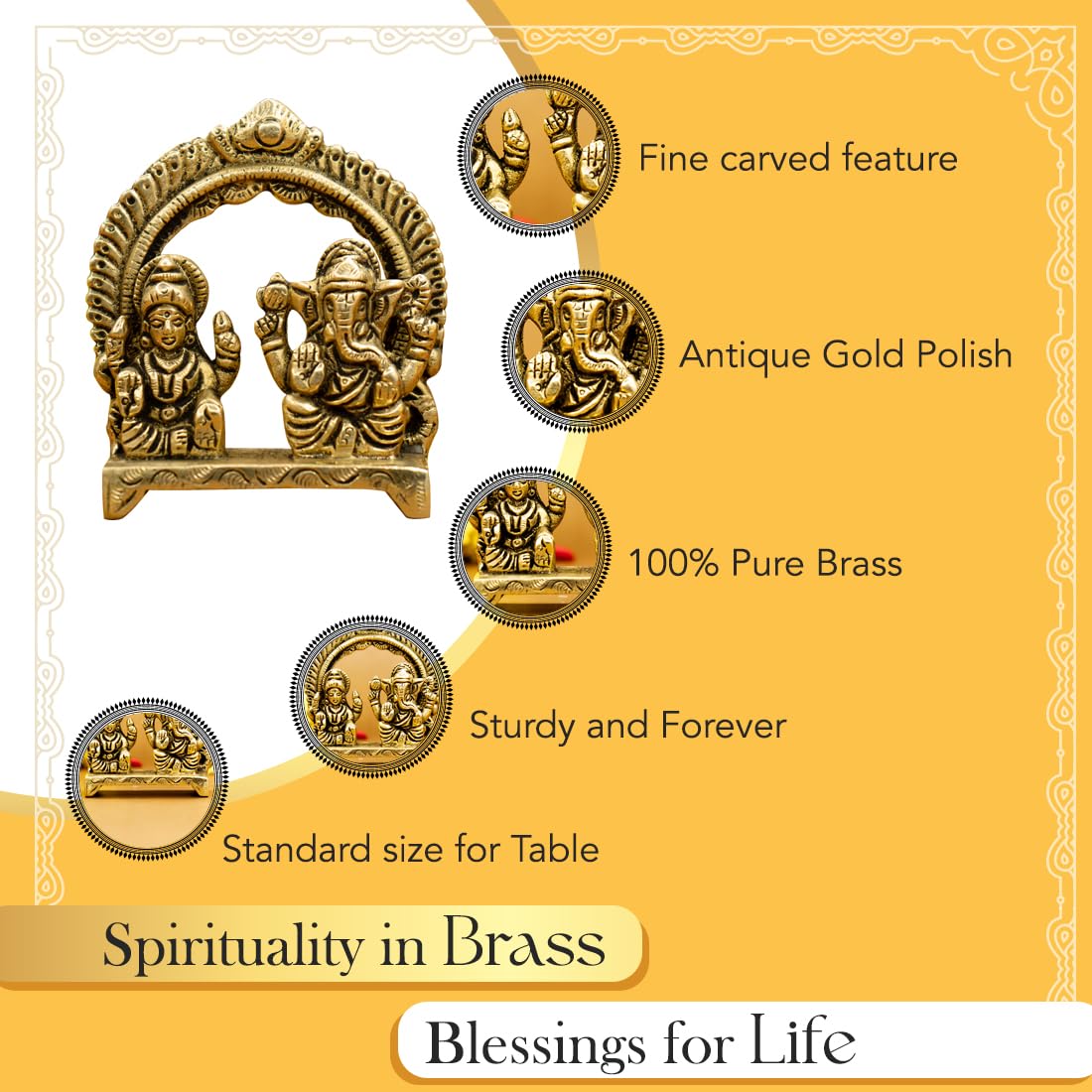100% Pure Brass Laxmi Ganesh Murti (Size: 8 cm) | Lakshmi Ganesh Idol for Diwali Puja, Study Table, Pooja Room & Home Decor | Statue of laxmi Ganesha for Diwali Gift | Pital Ganpati Lakshmi