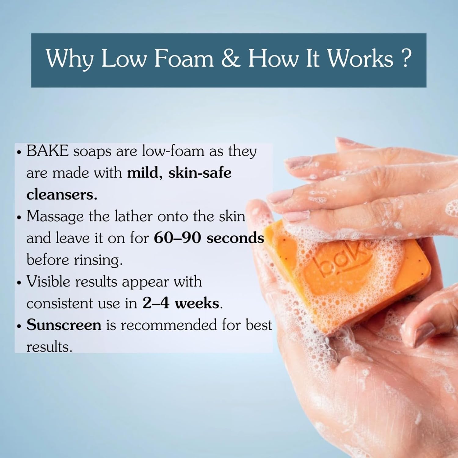 Bake soap bar with text explaining low foam properties and usage instructions on a light blue background.